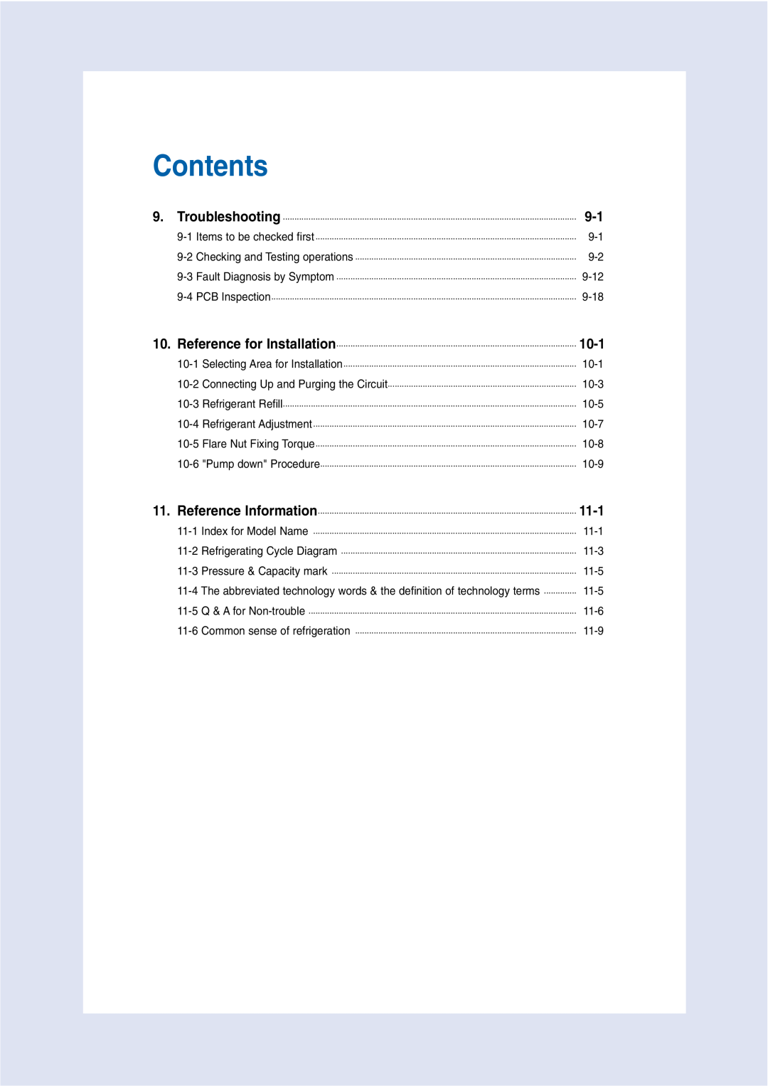 Samsung MH026FNCA service manual 10-1, 11-1, Contents, 9-12 