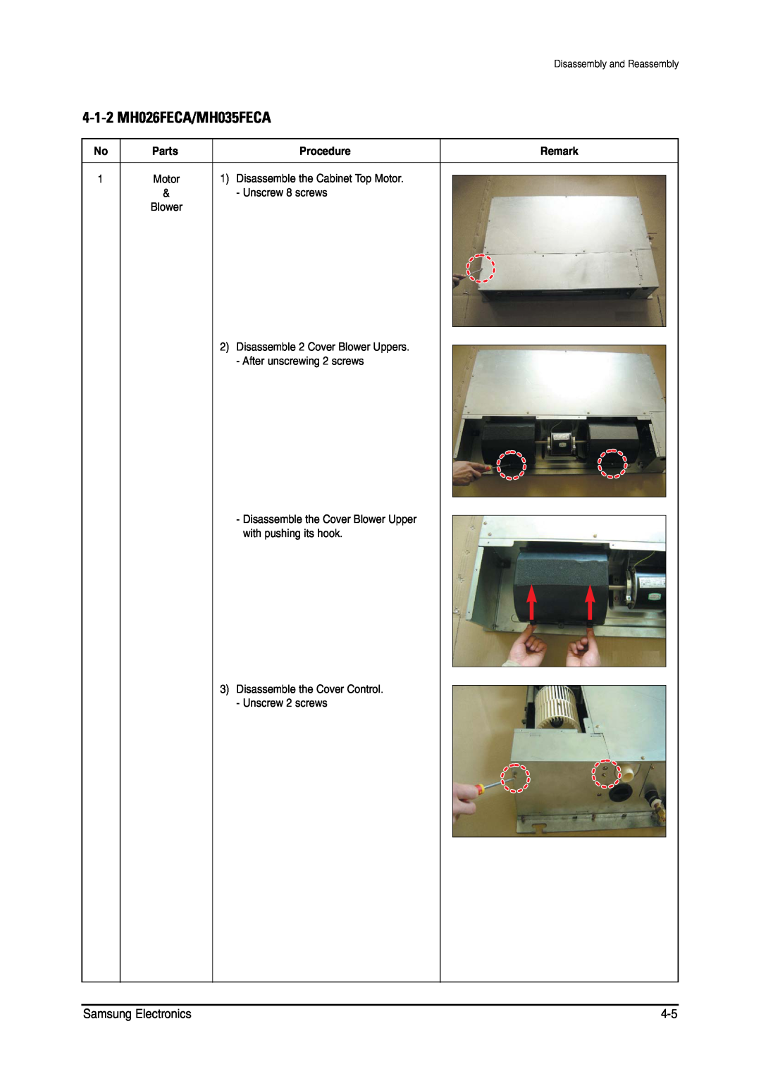 Samsung MH026FNCA service manual 4-1-2MH026FECA/MH035FECA, Procedure, Remark, Parts, Blower 