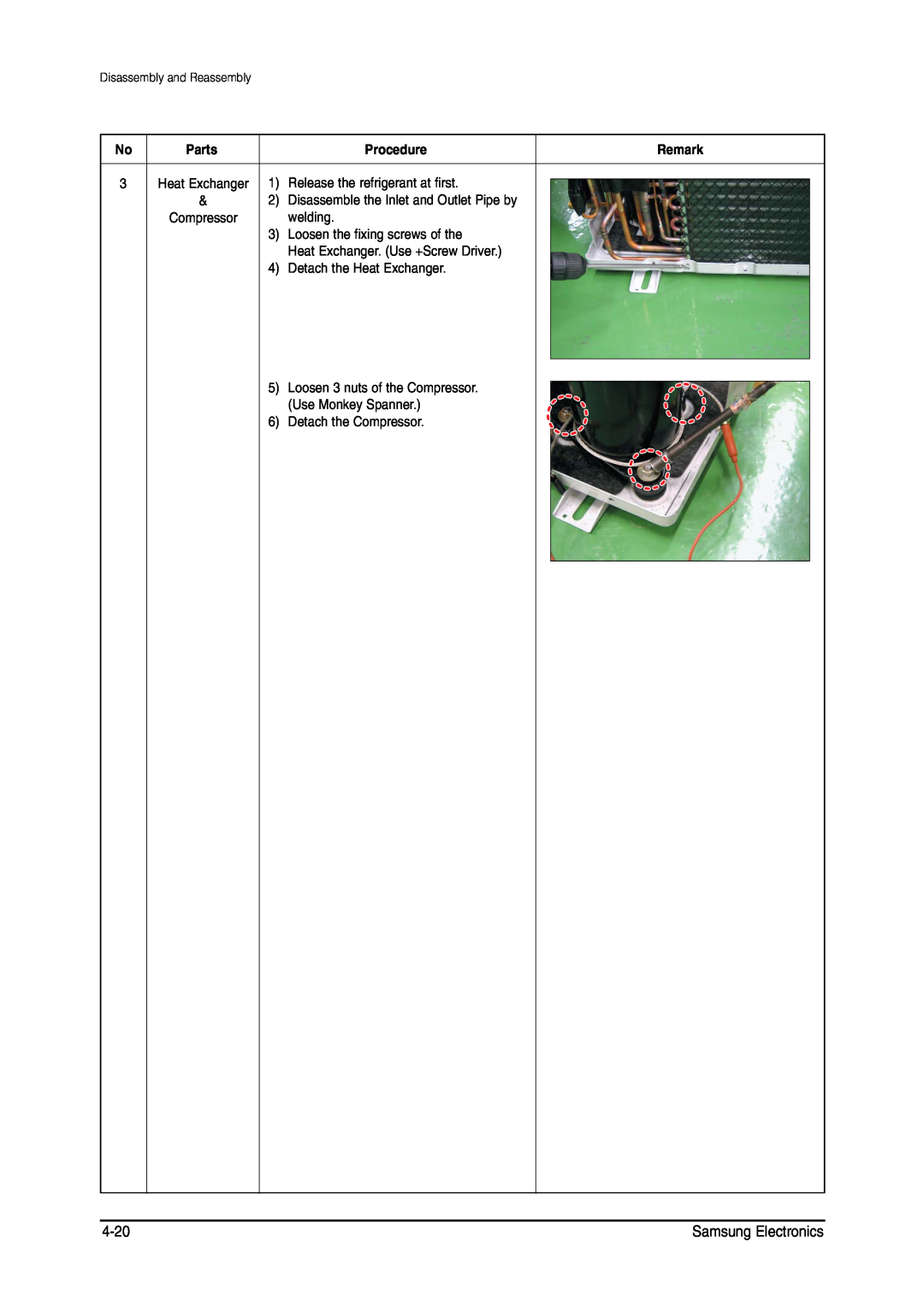 Samsung MH026FNCA service manual Procedure, Remark, Release the refrigerant at first 