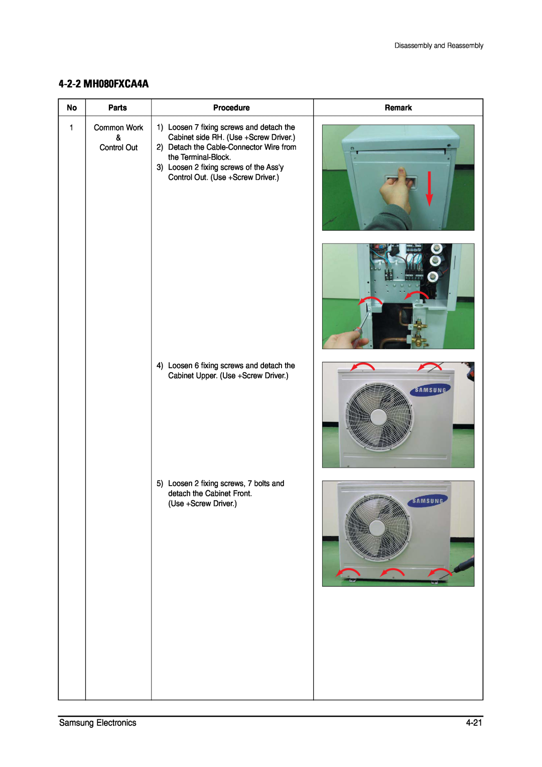 Samsung MH026FNCA service manual 4-2-2MH080FXCA4A, Samsung Electronics, 4-21, Procedure, Remark 