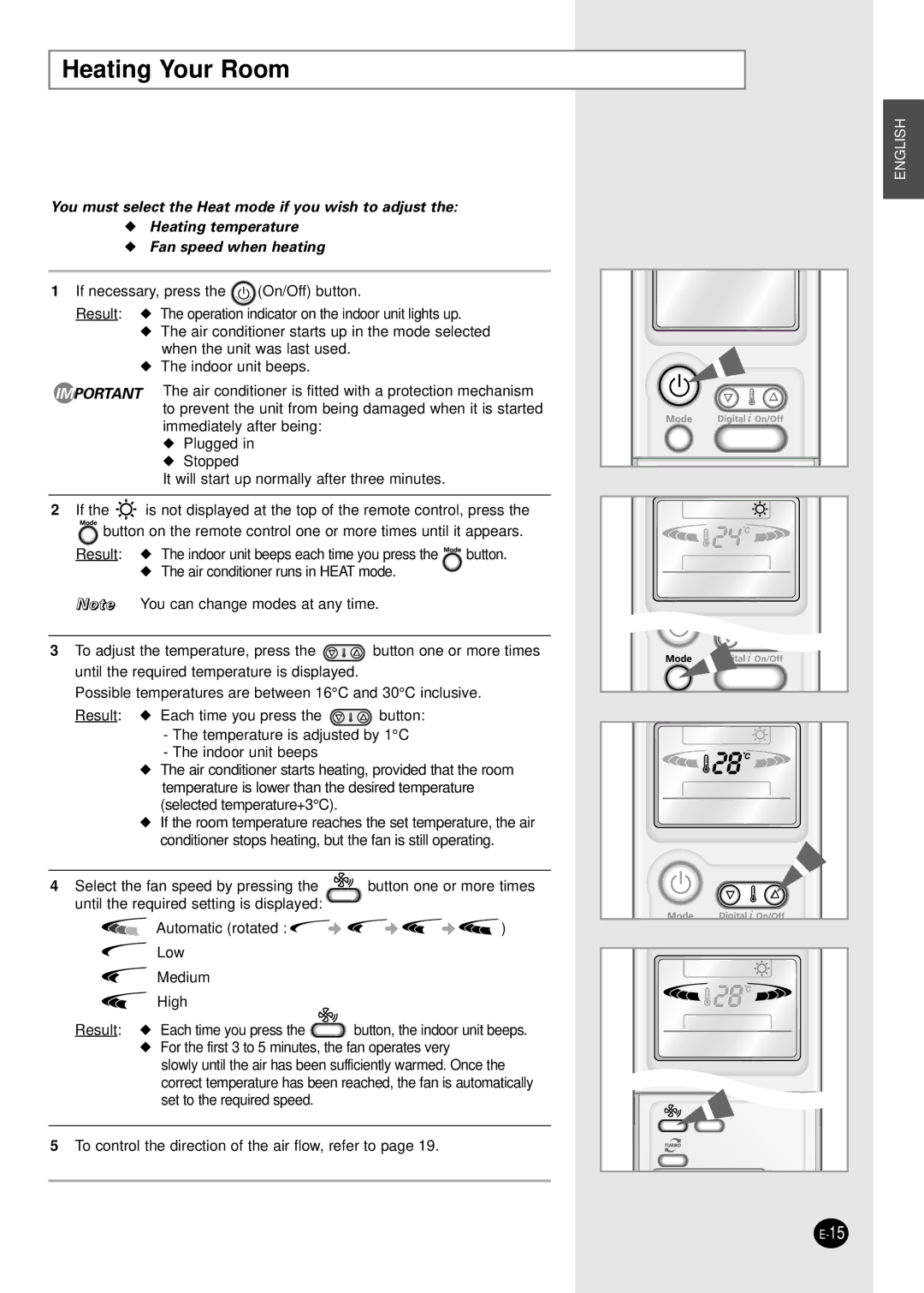 Samsung MH052FPEA1, MH026FPEA, MH035FPEA, MH020FPEA, MH023FPEA user manual Heating Your Room 