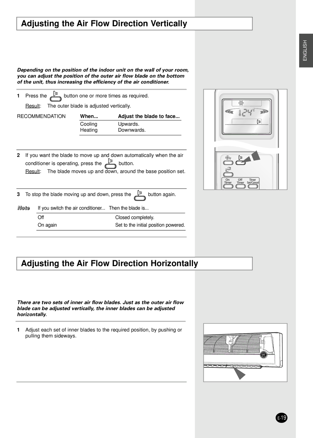 Samsung MH023FPEA, MH052FPEA1 Adjusting the Air Flow Direction Vertically, Adjusting the Air Flow Direction Horizontally 