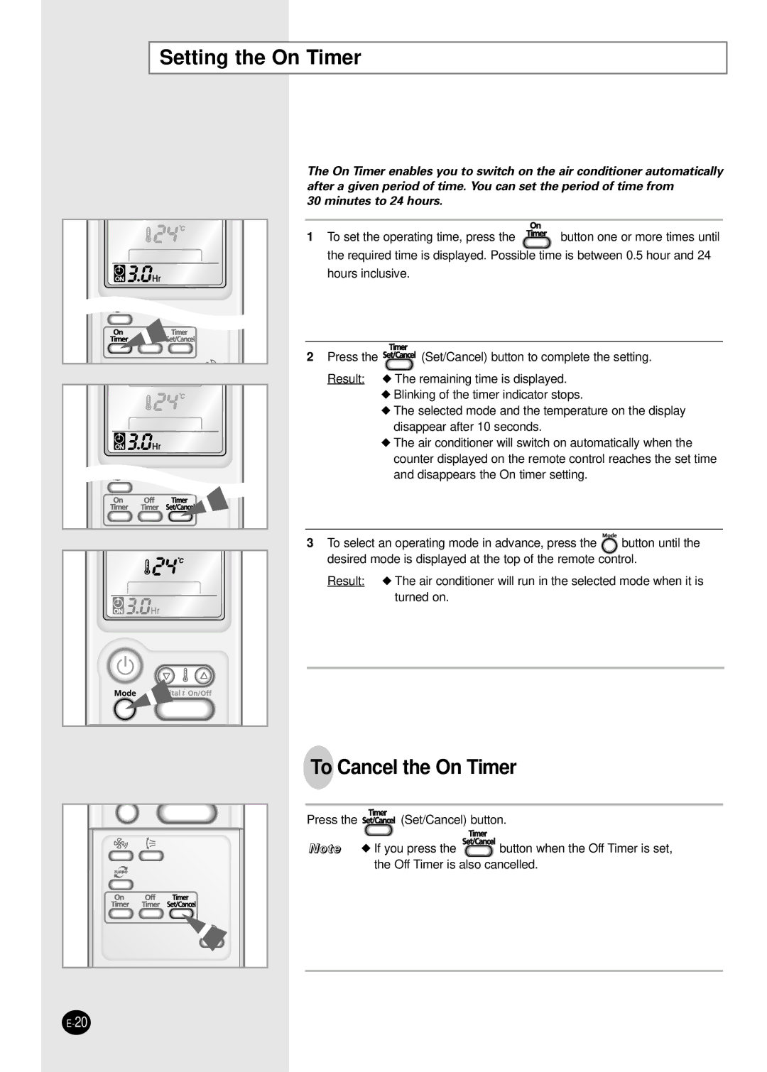 Samsung MH052FPEA1, MH026FPEA, MH035FPEA, MH020FPEA, MH023FPEA user manual Setting the On Timer, To Cancel the On Timer 