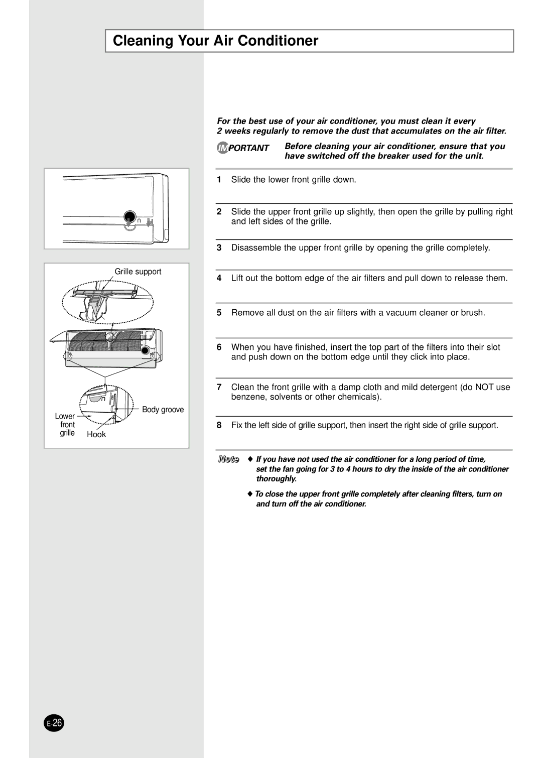 Samsung MH026FPEA, MH052FPEA1, MH035FPEA Cleaning Your Air Conditioner, Have switched off the breaker used for the unit 