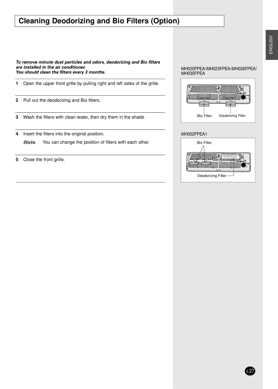 Samsung MH035FPEA, MH052FPEA1, MH026FPEA, MH020FPEA, MH023FPEA user manual Cleaning Deodorizing and Bio Filters Option 