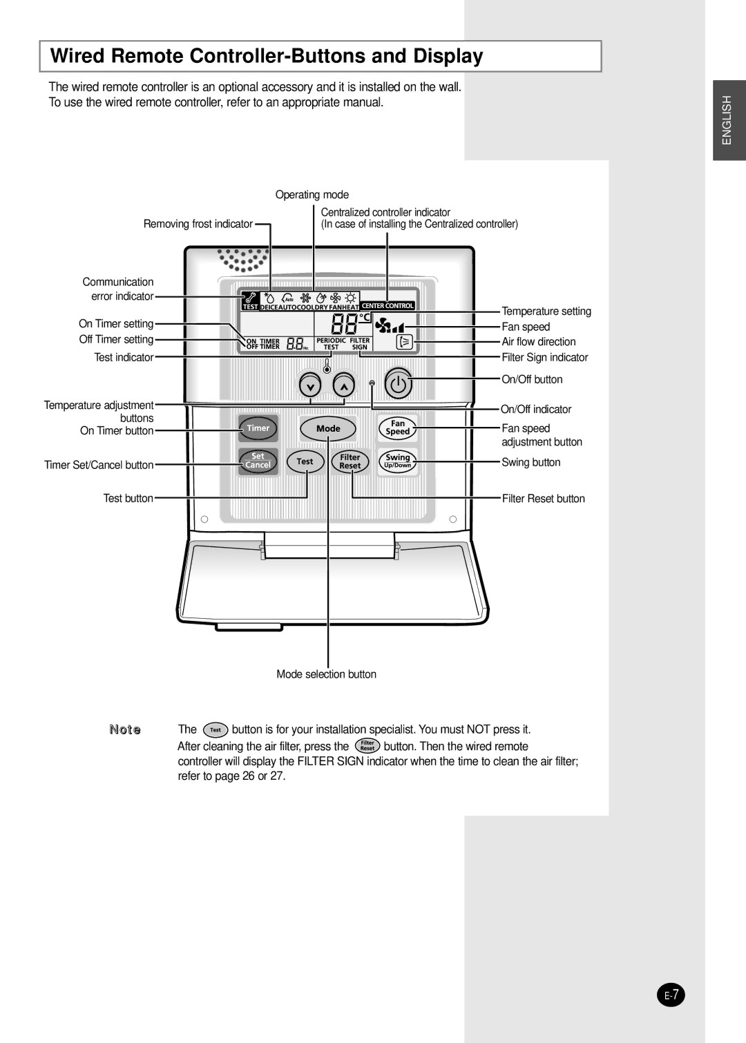 Samsung MH035FPEA, MH052FPEA1, MH026FPEA, MH020FPEA, MH023FPEA user manual Wired Remote Controller-Buttons and Display 