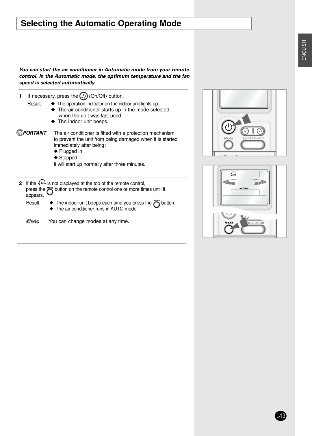 Samsung MH020FPEA, MH052FPEA1, MH026FPEA, MH035FPEA, MH023FPEA user manual Selecting the Automatic Operating Mode, English 