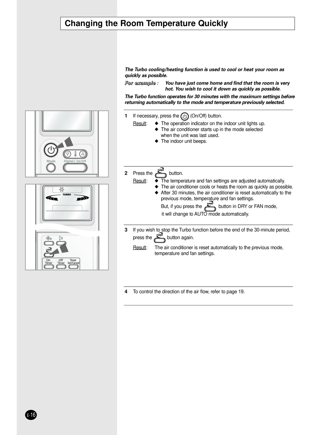 Samsung MH026FPEA, MH052FPEA1, MH035FPEA, MH020FPEA, MH023FPEA user manual Changing the Room Temperature Quickly 