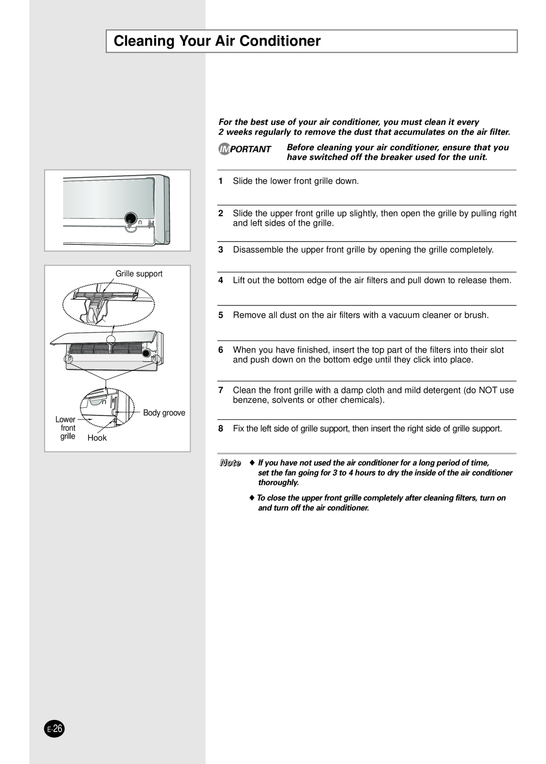 Samsung MH026FPEA, MH052FPEA1, MH035FPEA, MH020FPEA, MH023FPEA user manual Cleaning Your Air Conditioner 