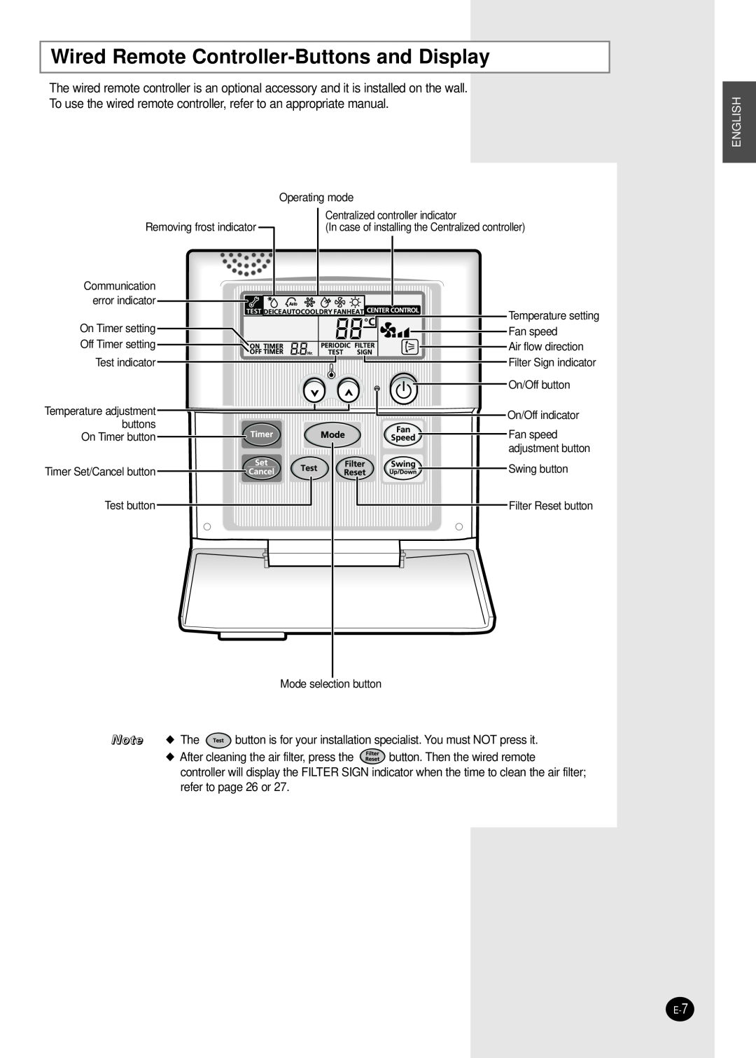 Samsung MH035FPEA, MH052FPEA1, MH026FPEA, MH020FPEA, MH023FPEA user manual Wired Remote Controller-Buttonsand Display 