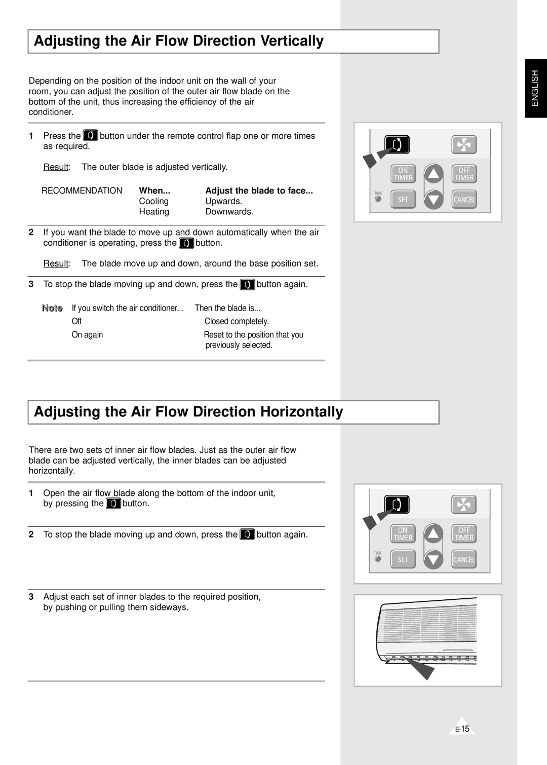 Samsung AD18A1(B1)E09 Adjusting the Air Flow Direction Vertically, Adjusting the Air Flow Direction Horizontally 