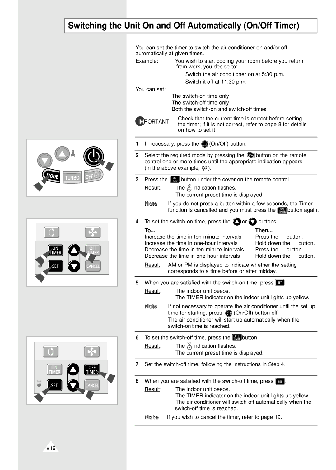 Samsung AD19A1(B1)E07, MH07ZV-19, MH09ZV-18, MH12ZV-19 Switching the Unit On and Off Automatically On/Off Timer, Then 