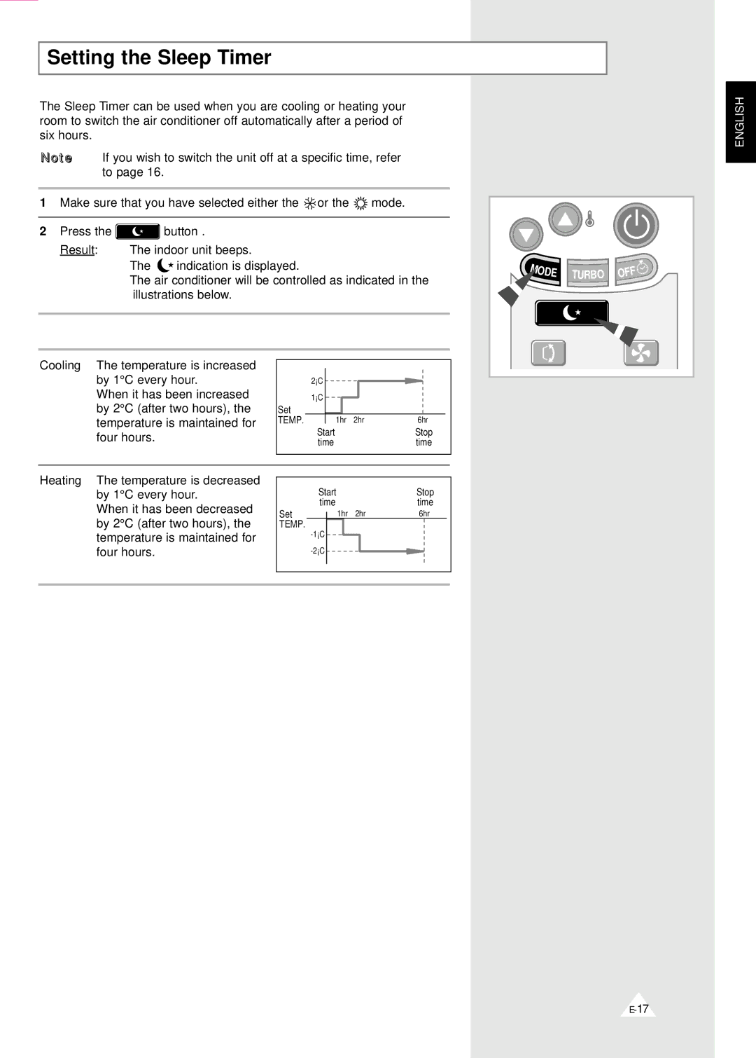 Samsung MH12ZV-24, MH07ZV-19, MH09ZV-18, MH12ZV-19, MH19YA1-07, AD19A1(B1)E12, AD18A1(B1)E09, MH19YA1-12 Setting the Sleep Timer 