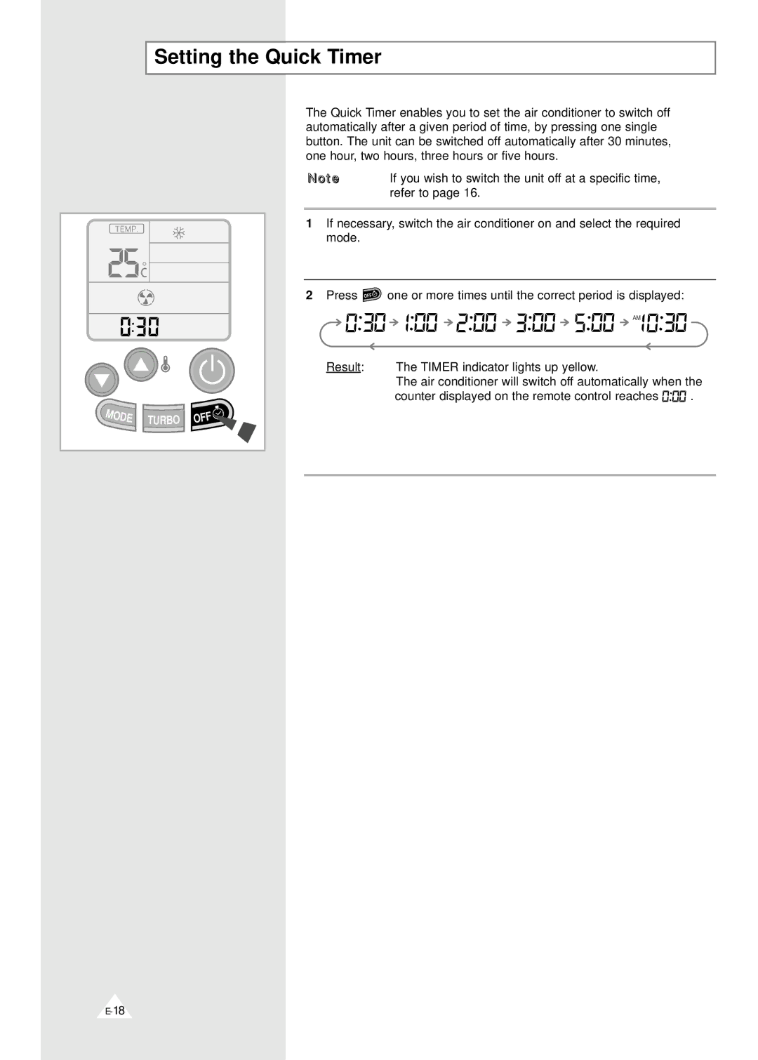 Samsung MH19YA1-12, MH07ZV-19, MH09ZV-18, MH12ZV-19, MH19YA1-07, AD19A1(B1)E12, AD18A1(B1)E09, MH12ZV-24 Setting the Quick Timer 