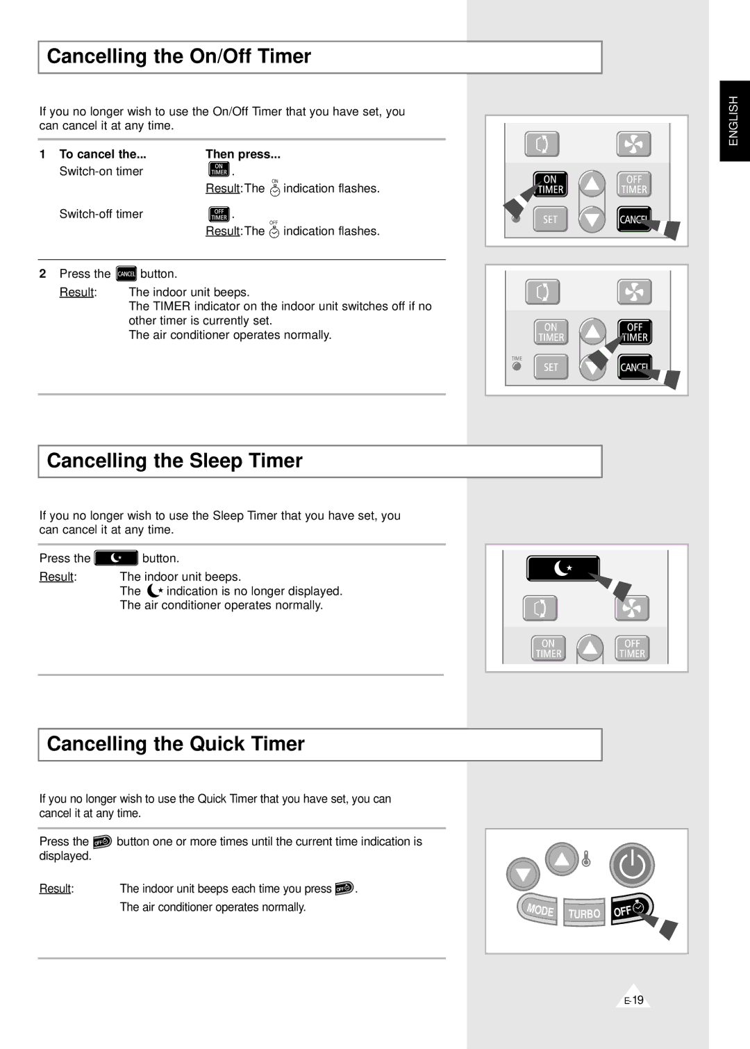 Samsung AD24A1(B1)E12, MH07ZV-19 Cancelling the On/Off Timer, Cancelling the Sleep Timer, Cancelling the Quick Timer 