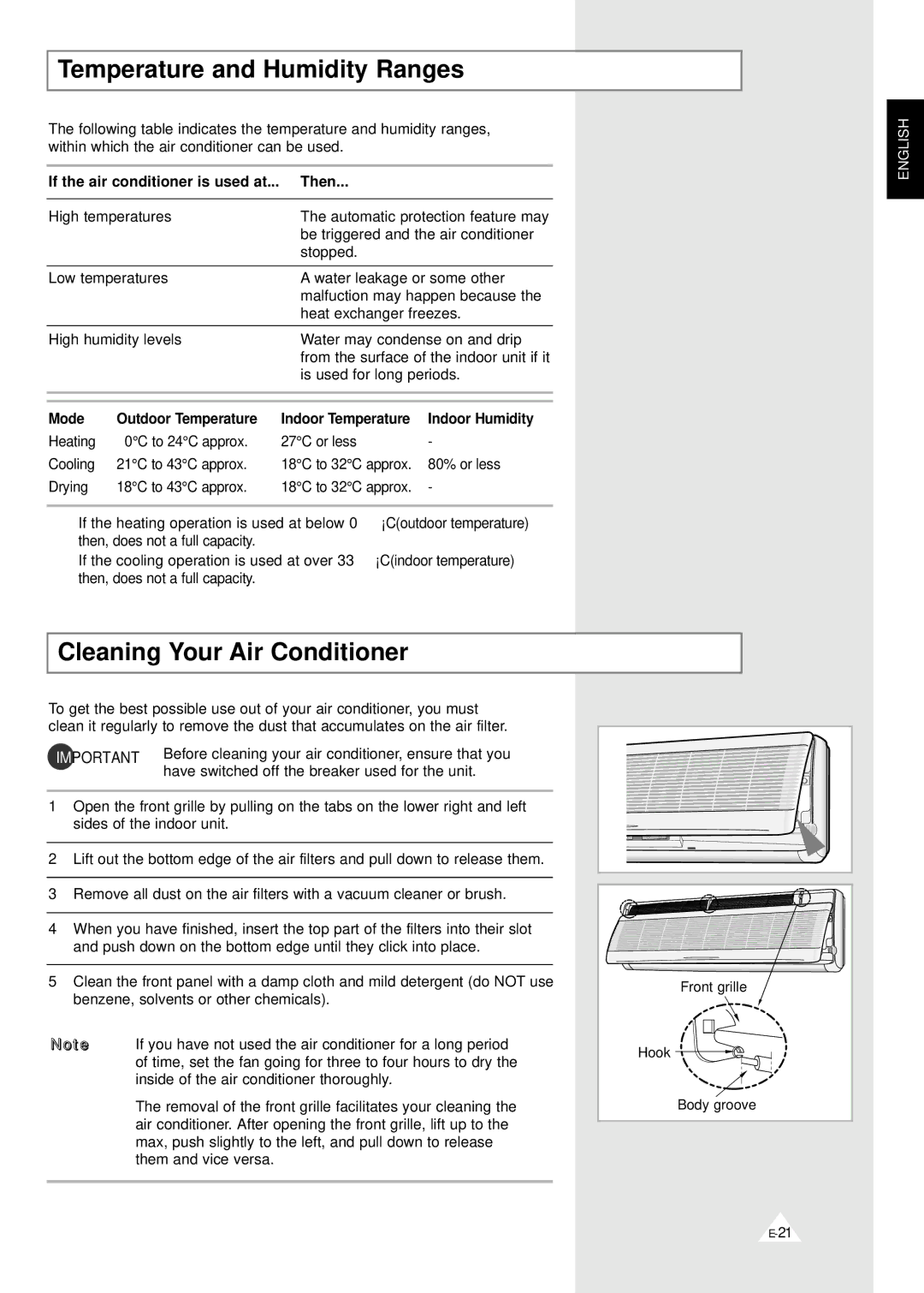 Samsung MH09ZV-18, MH07ZV-19 Temperature and Humidity Ranges, Cleaning Your Air Conditioner, Mode, Indoor Humidity 