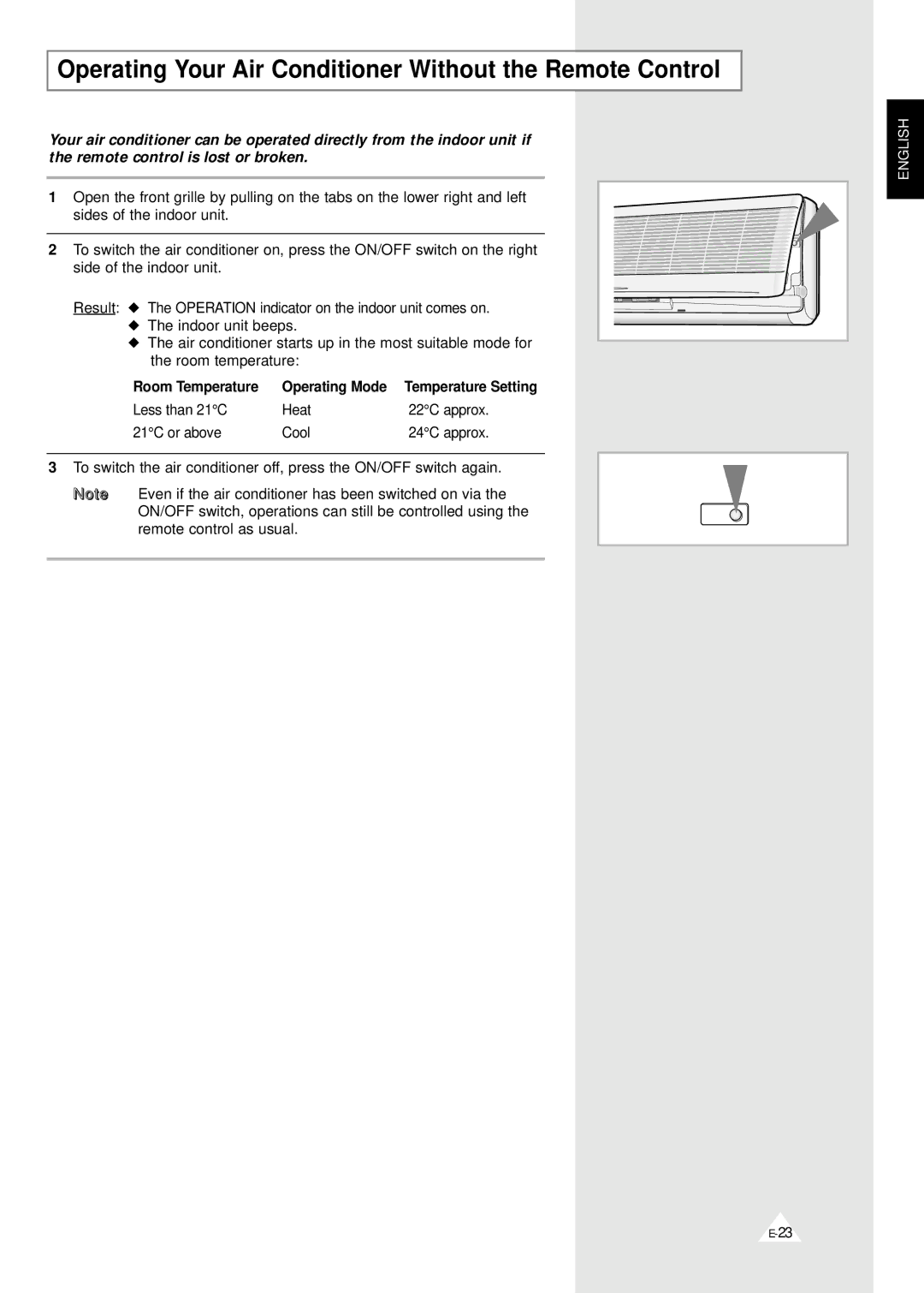 Samsung MH19YA1-07, MH07ZV-19 Operating Your Air Conditioner Without the Remote Control, Room Temperature Operating Mode 