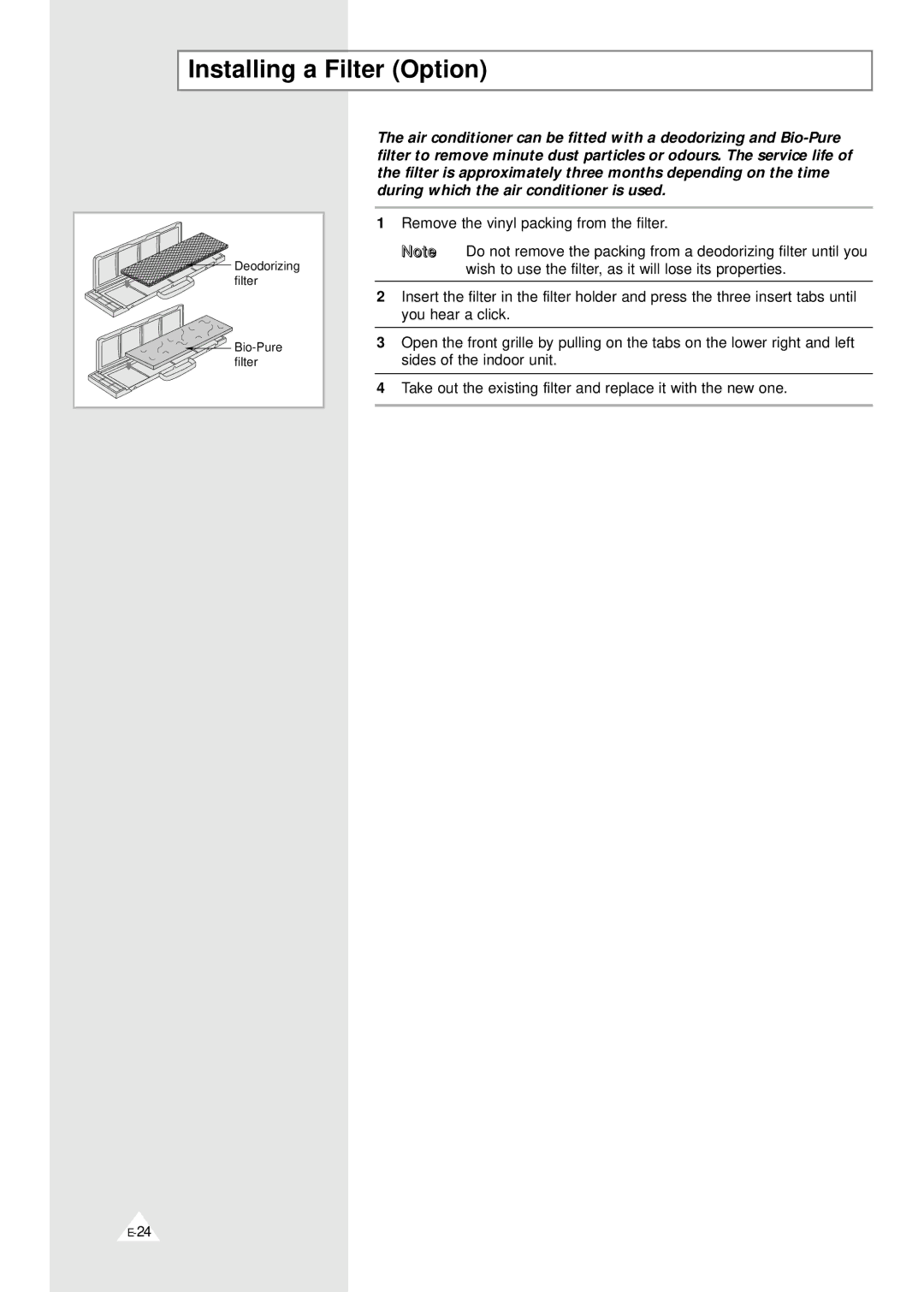 Samsung AD19A1(B1)E12, MH07ZV-19, MH09ZV-18, MH12ZV-19, MH19YA1-07, AD18A1(B1)E09, AD19A1(B1)E07 Installing a Filter Option 