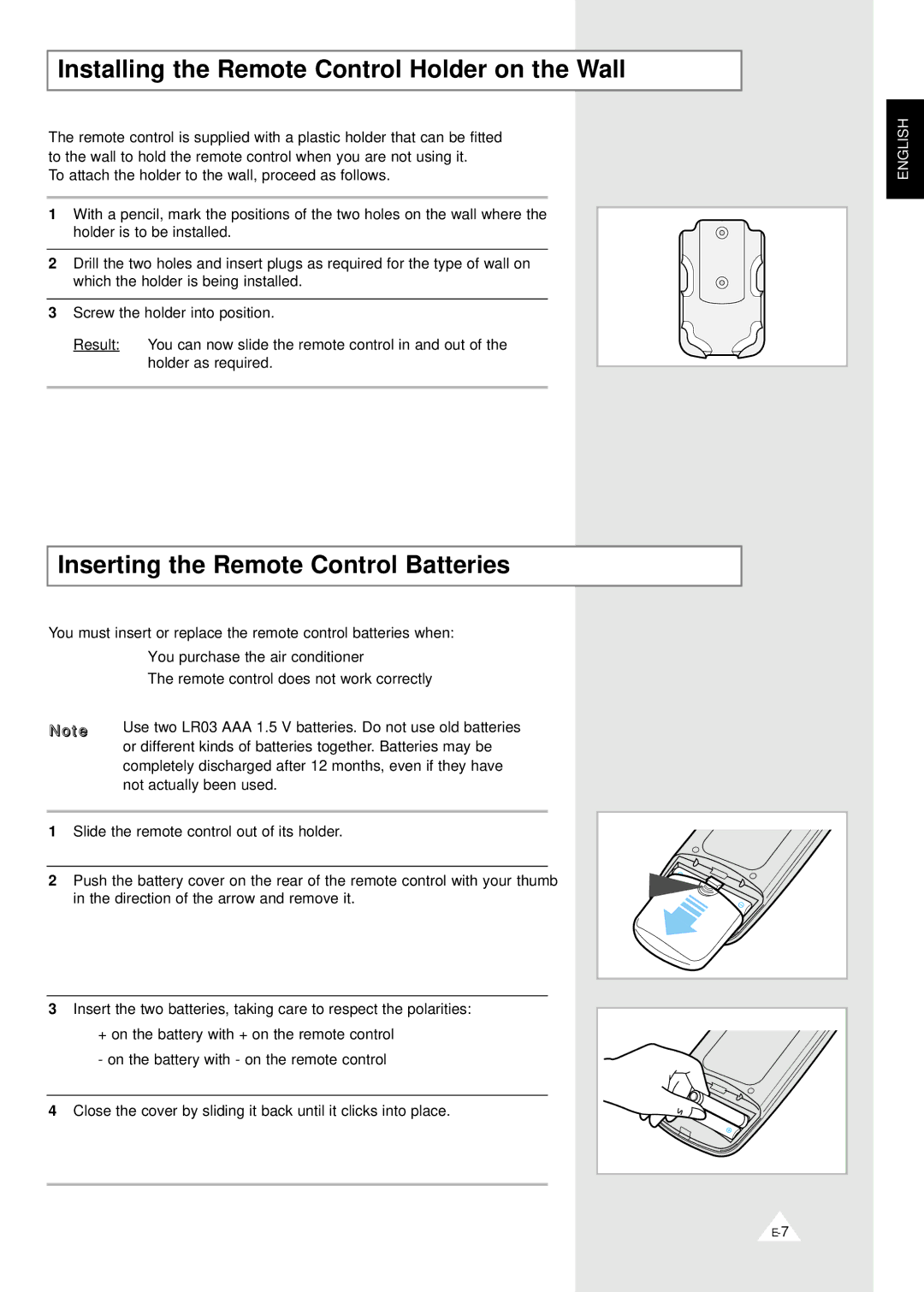 Samsung MH12ZV-24, MH07ZV-19 Installing the Remote Control Holder on the Wall, Inserting the Remote Control Batteries 