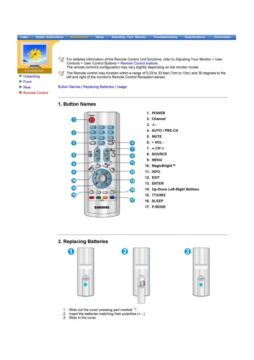 Samsung MH17ASSSY/EDC, MH15ASSS/EDC, LS17MHASSZ/EDC, MH17ASSS/EDC, MH15ASSSY/EDC manual Button Names, Replacing Batteries 