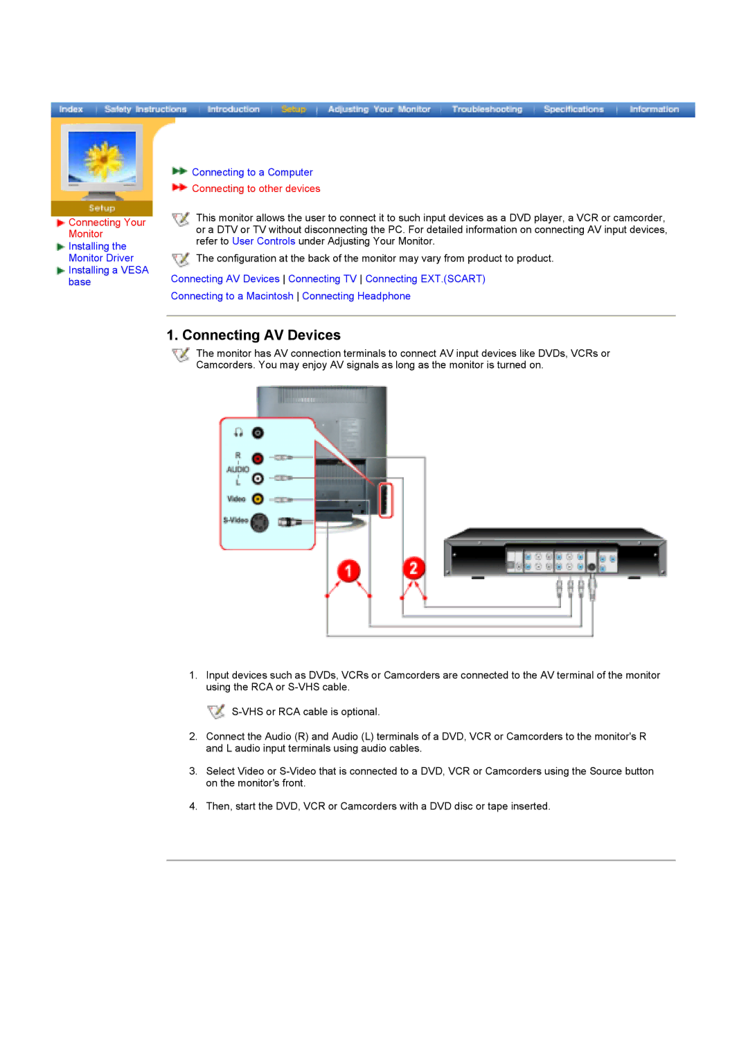 Samsung LS17MHASSZ/EDC, MH15ASSS/EDC, MH17ASSS/EDC, MH15ASSSY/EDC manual Connecting AV Devices, Connecting to other devices 