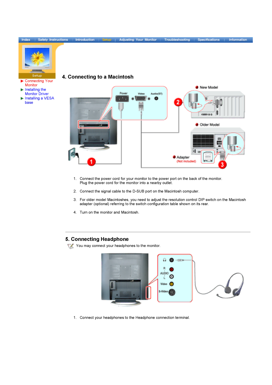 Samsung MH15ASSSY/EDC, MH15ASSS/EDC, LS17MHASSZ/EDC, MH17ASSS/EDC manual Connecting to a Macintosh, Connecting Headphone 