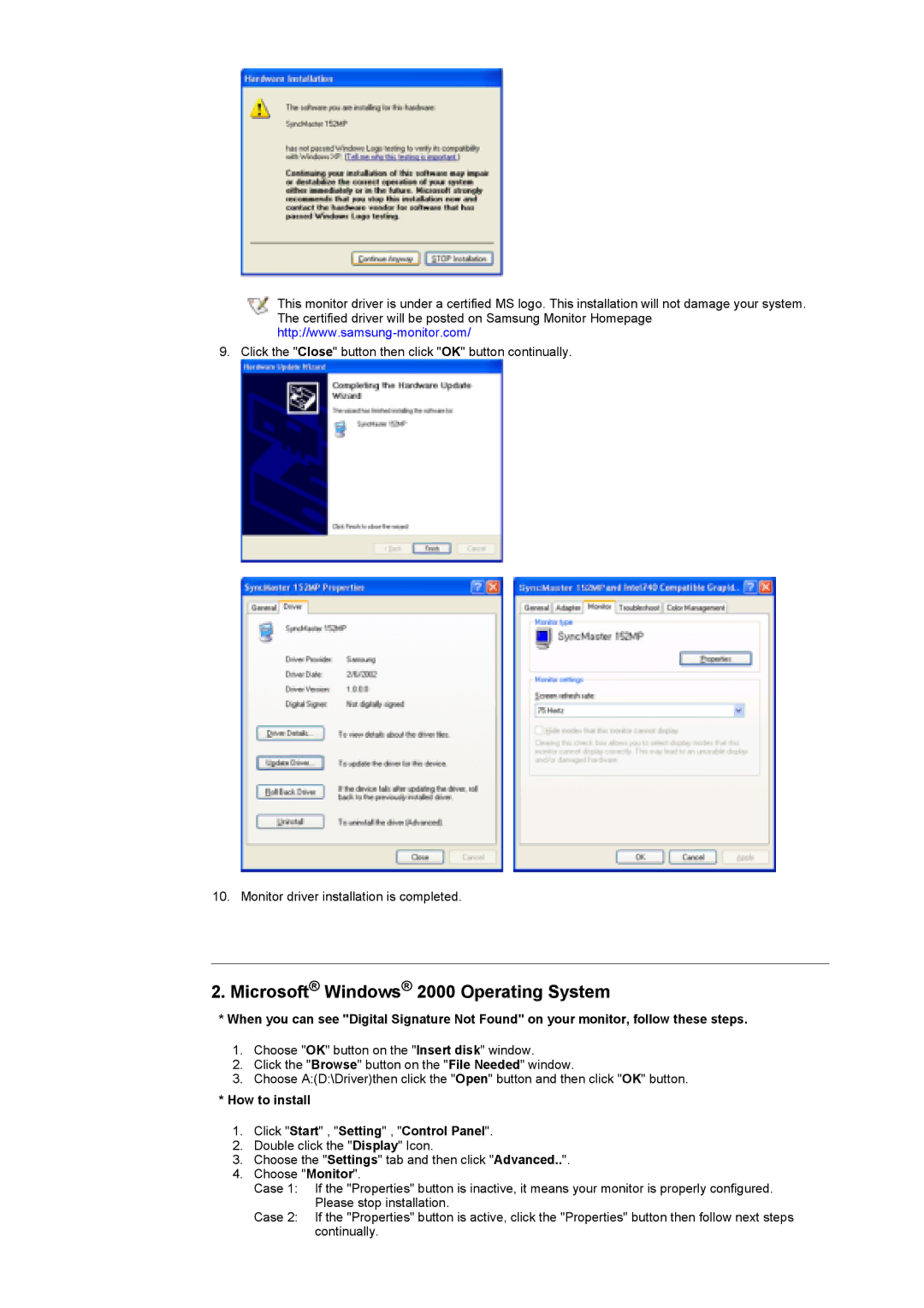 Samsung MH15ASSSY/EDC manual Microsoft Windows 2000 Operating System, How to install Click Start , Setting , Control Panel 