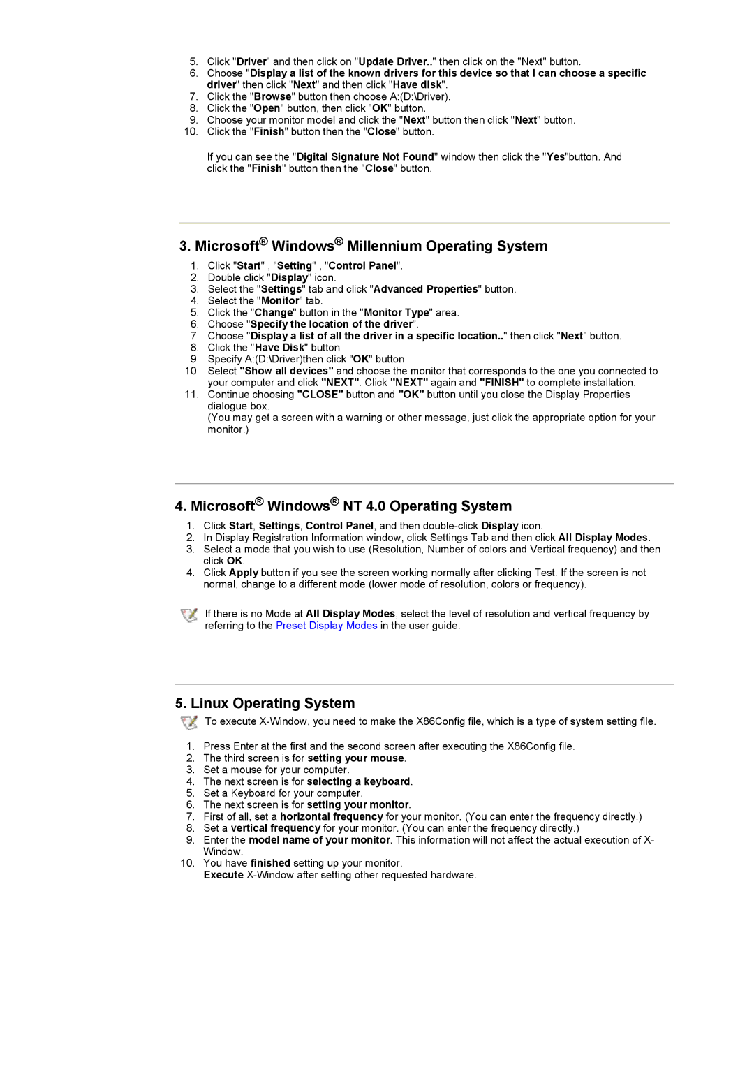 Samsung MH17ASSSY/EDC manual Microsoft Windows Millennium Operating System, Microsoft Windows NT 4.0 Operating System 