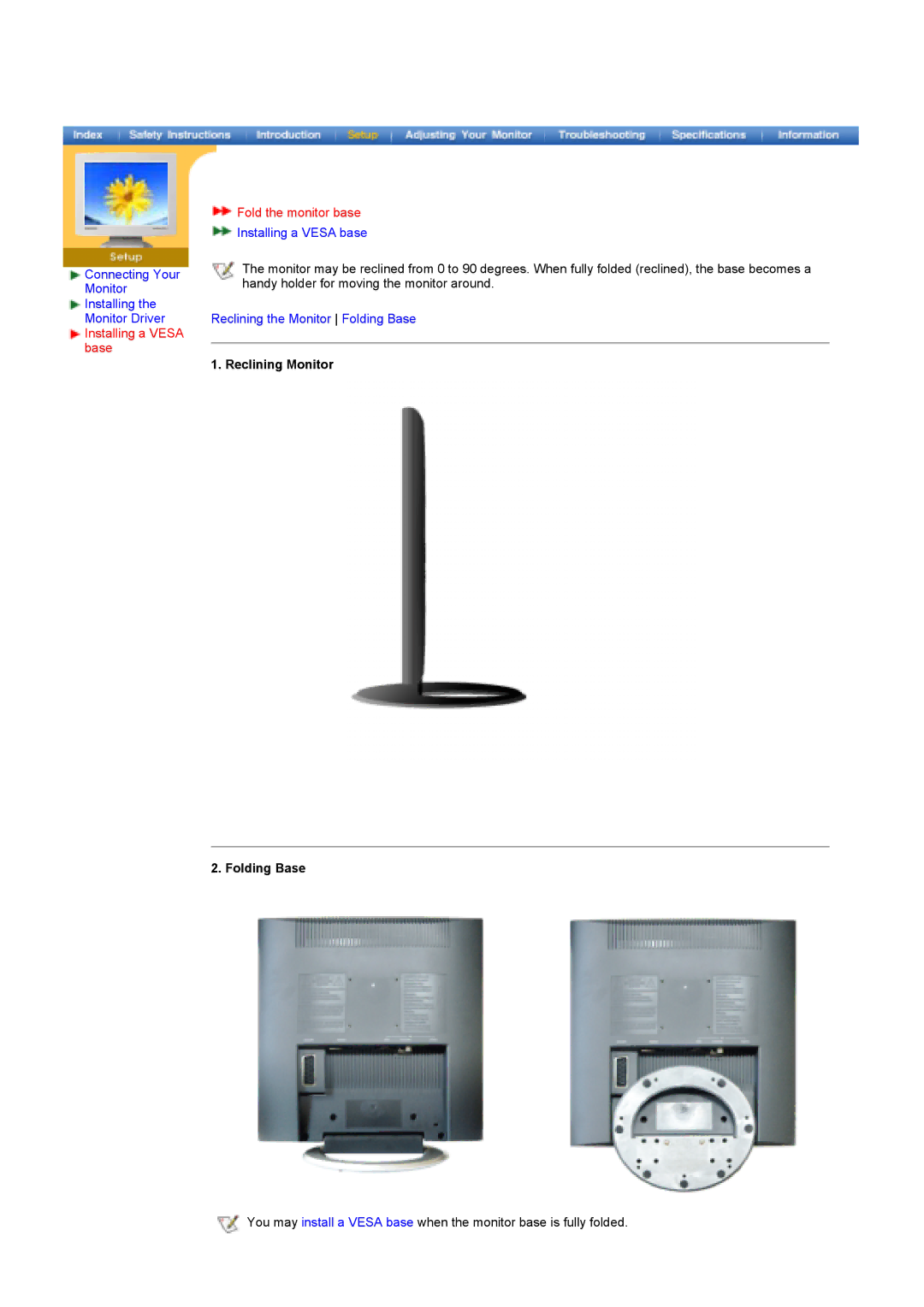 Samsung MH15ASSS/EDC, LS17MHASSZ/EDC, MH17ASSS/EDC, MH15ASSSY/EDC manual Fold the monitor base, Reclining Monitor Folding Base 