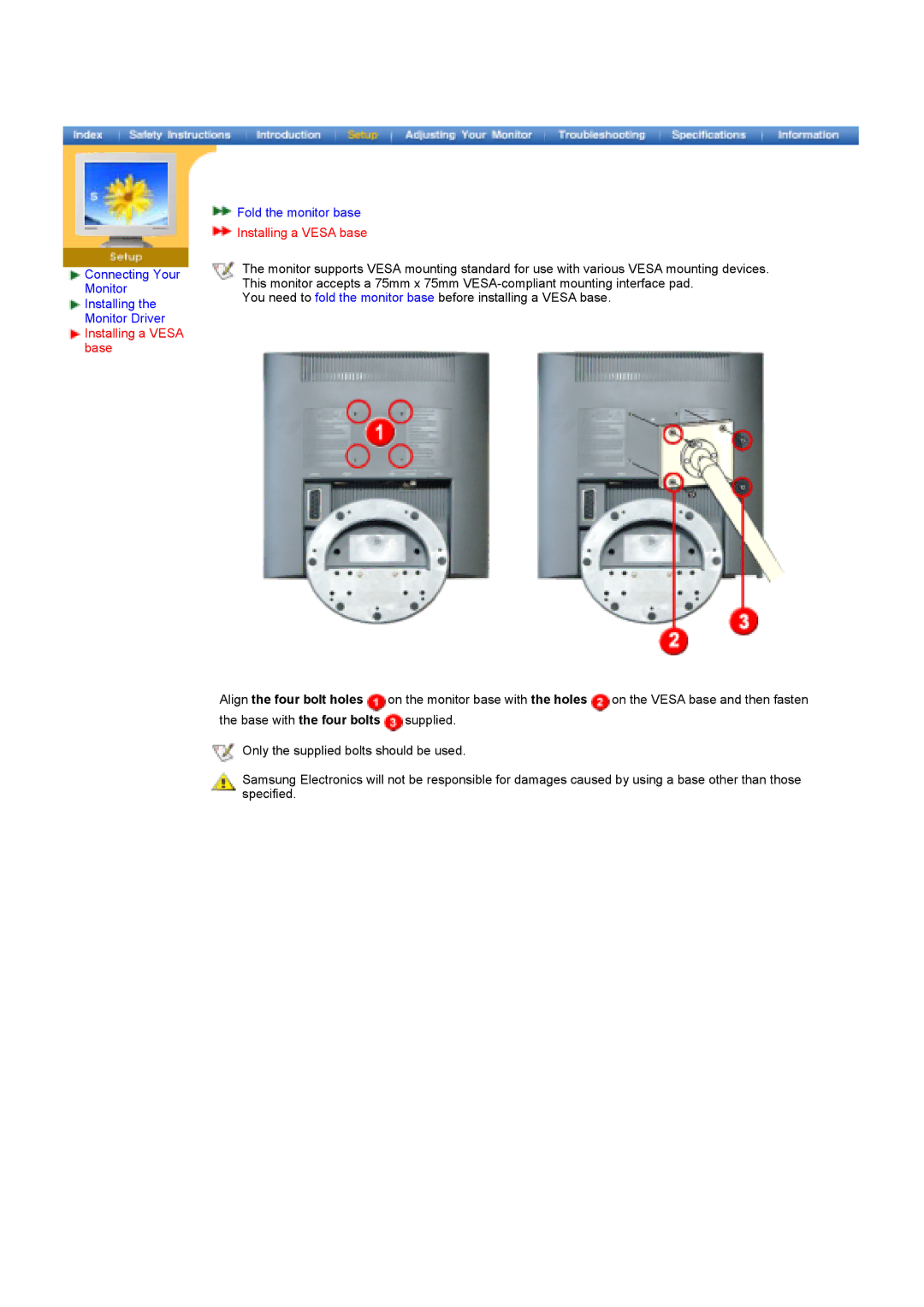 Samsung LS17MHASSZ/EDC, MH15ASSS/EDC, MH17ASSS/EDC, MH15ASSSY/EDC, MH17ASSSY/EDC manual Installing a Vesa base 