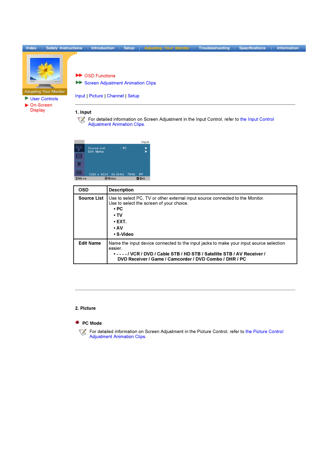 Samsung MH17ASSS/EDC, MH15ASSS/EDC, LS17MHASSZ/EDC manual On-Screen Display OSD Functions, Input, OSD Description, EXT Video 