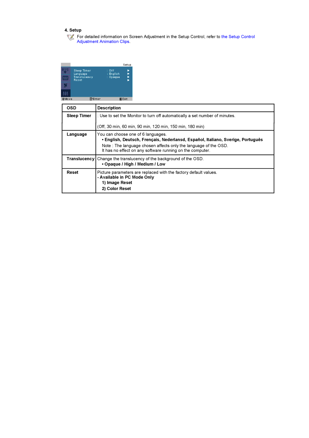 Samsung MH15ASSS/EDC manual Setup, Opaque / High / Medium / Low Reset, Available in PC Mode Only, Image Reset, Color Reset 