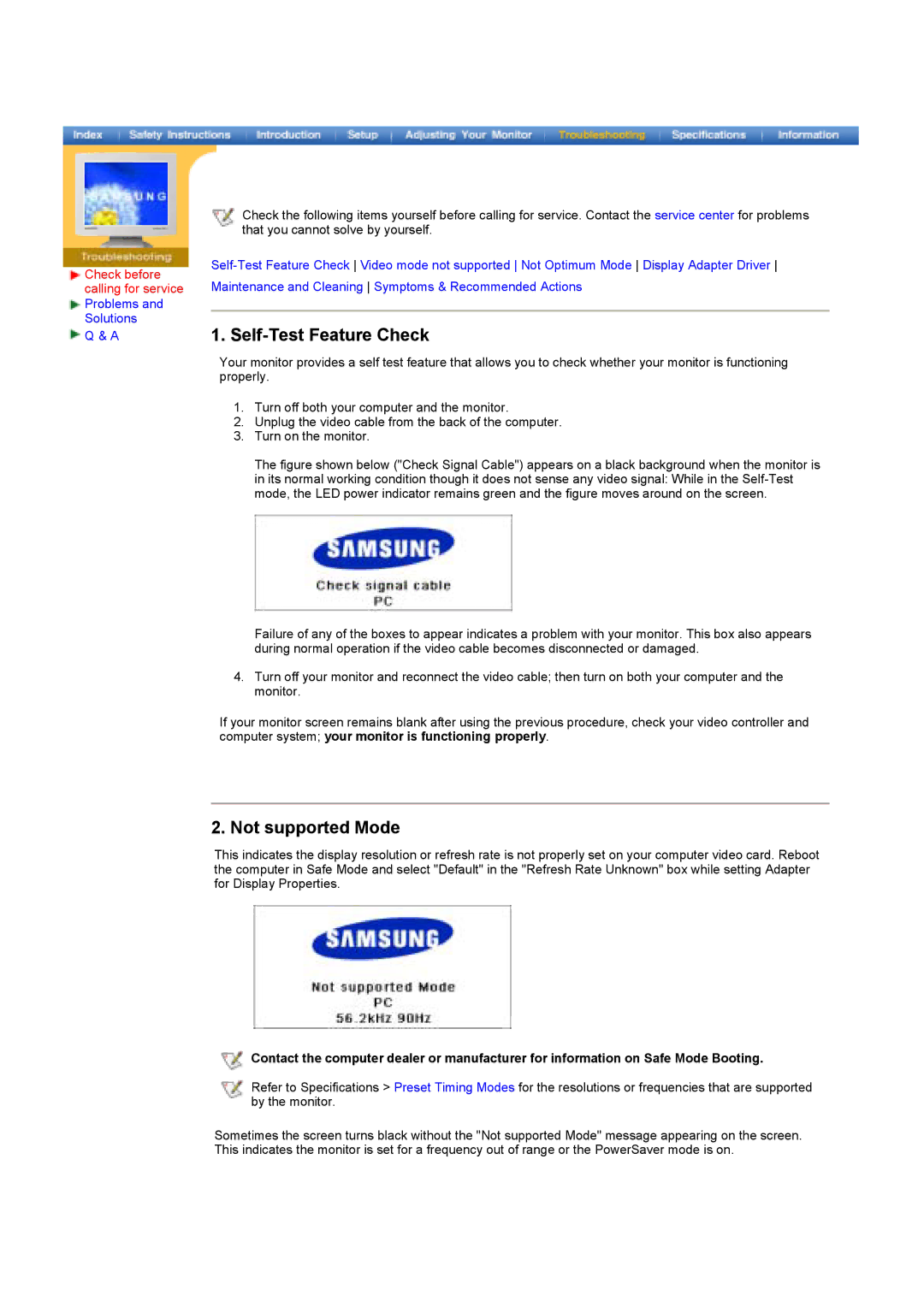 Samsung LS17MHASSZ/EDC, MH15ASSS/EDC, MH17ASSS/EDC, MH15ASSSY/EDC, MH17ASSSY/EDC Self-Test Feature Check, Not supported Mode 