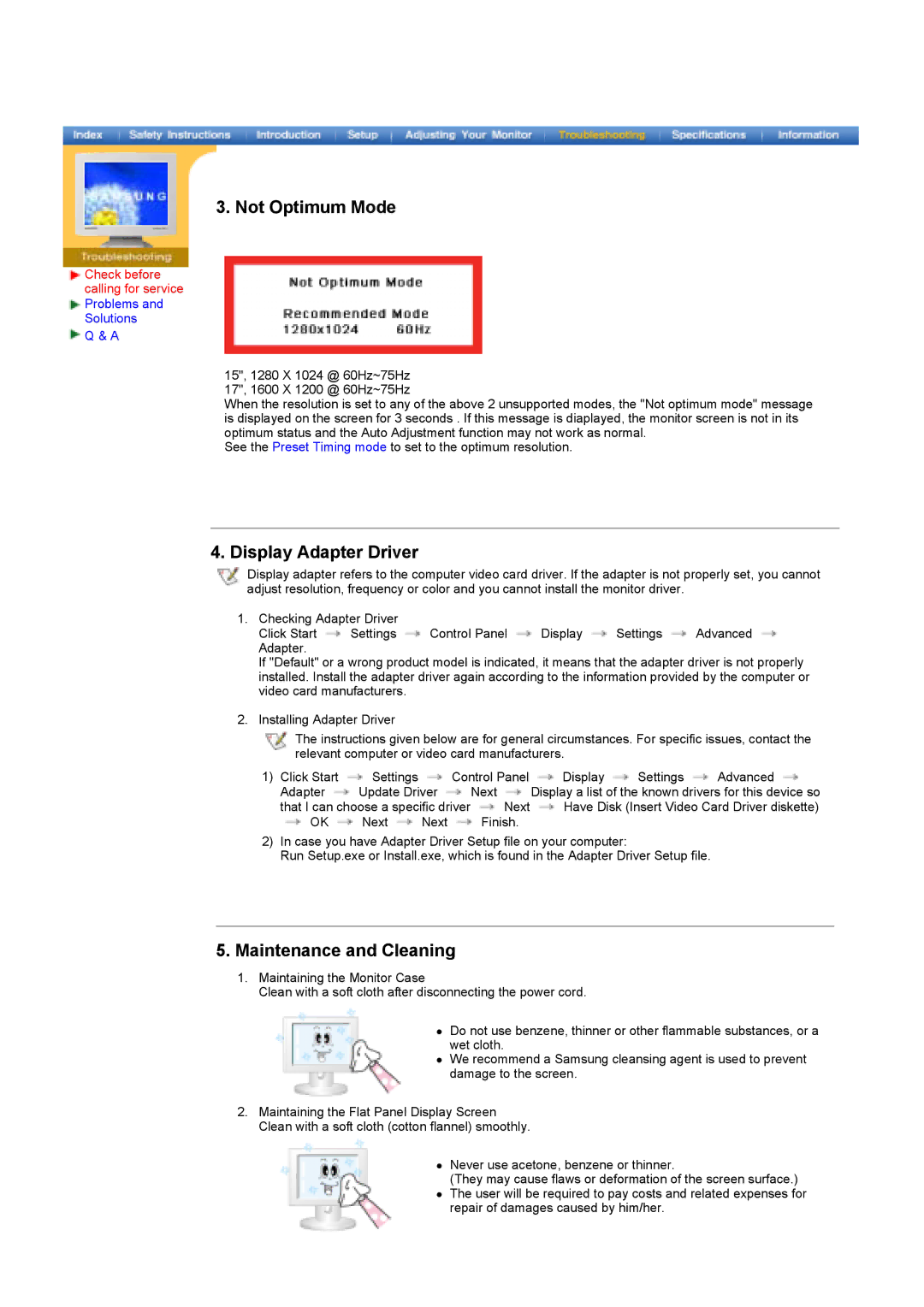 Samsung MH17ASSS/EDC, MH15ASSS/EDC, LS17MHASSZ/EDC manual Not Optimum Mode, Display Adapter Driver, Maintenance and Cleaning 