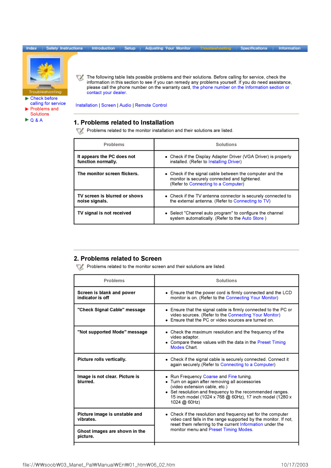 Samsung MH17ASSSY/EDC, MH15ASSS/EDC, LS17MHASSZ/EDC manual Problems related to Installation, Problems related to Screen 