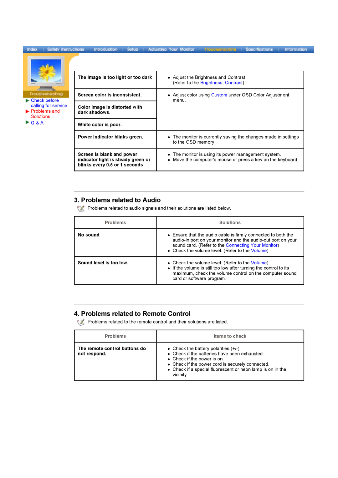 Samsung MH15ASSS/EDC, LS17MHASSZ/EDC, MH17ASSS/EDC manual Problems related to Audio, Problems related to Remote Control 