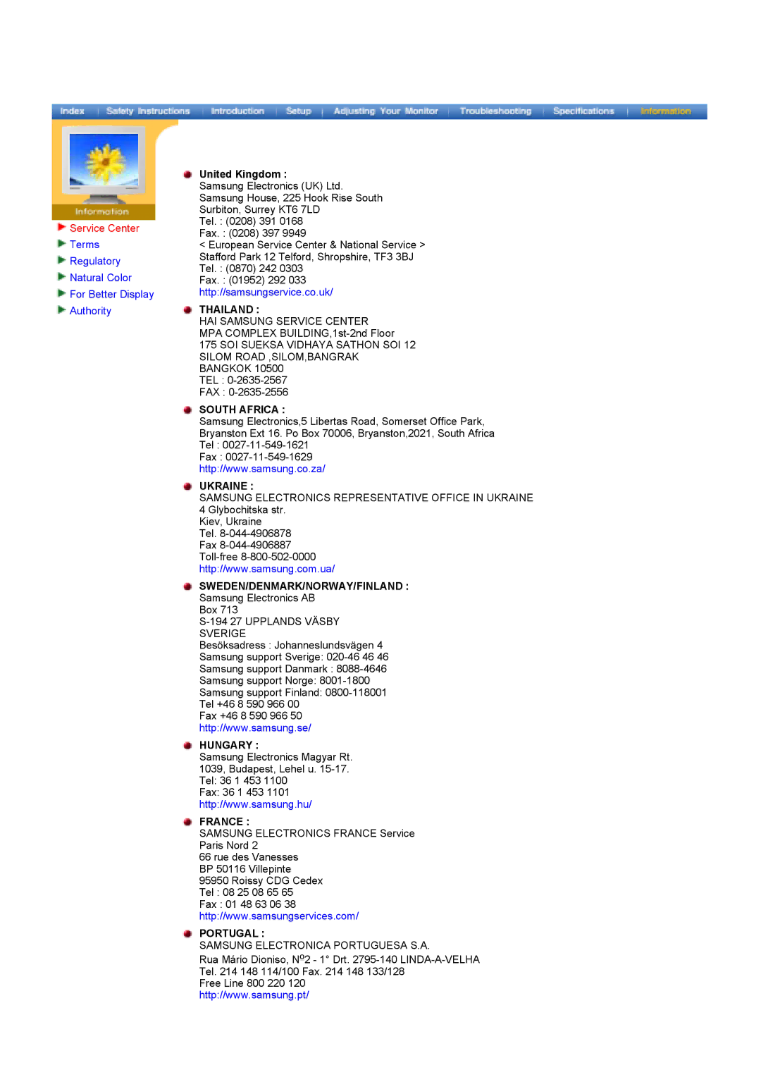 Samsung LS17MHASSZ/EDC manual Thailand, South Africa, Ukraine, Sweden/Denmark/Norway/Finland, Hungary, France, Portugal 