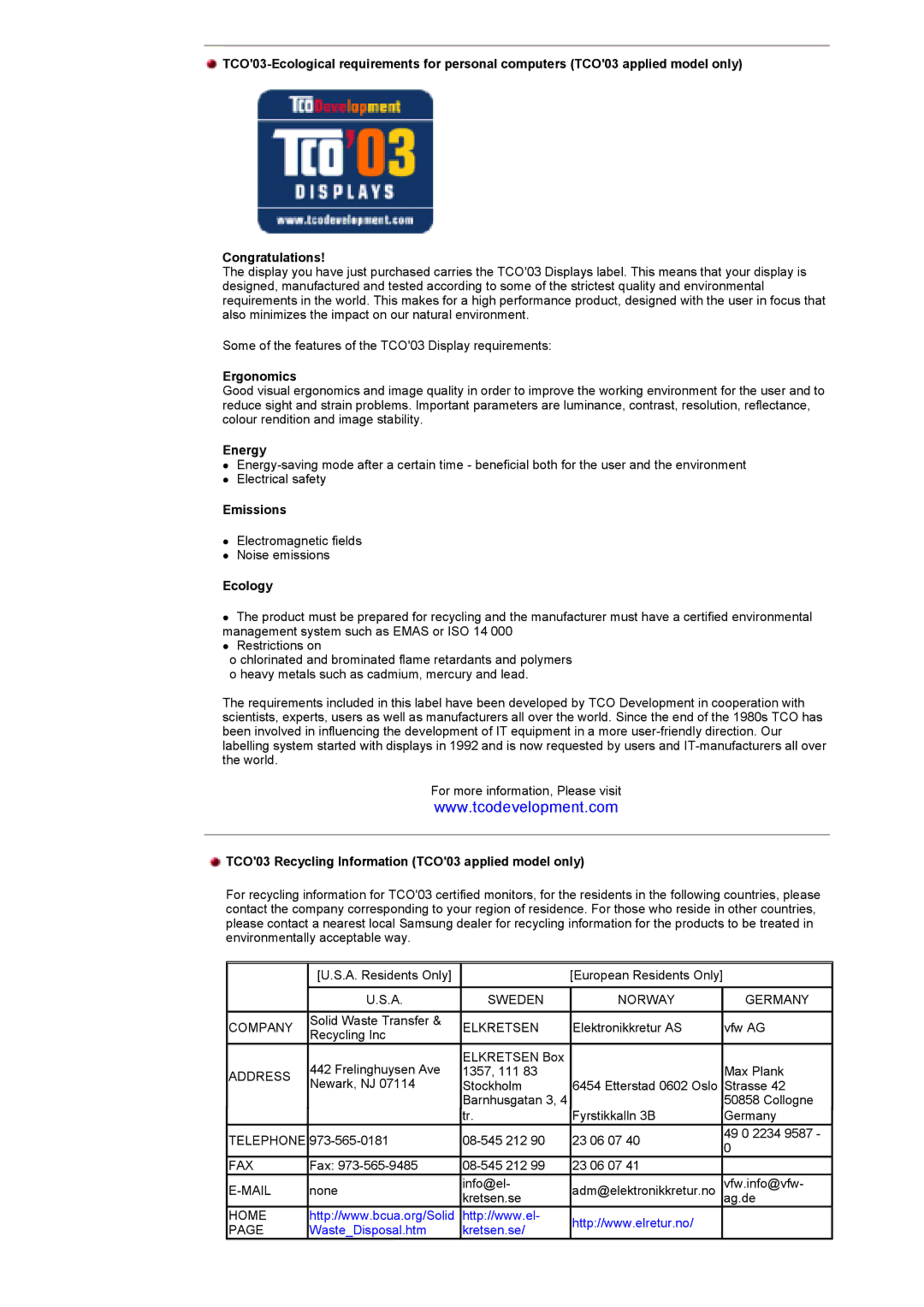 Samsung MH17ASSS/EDC manual Ergonomics, Energy, Emissions, Ecology, TCO03 Recycling Information TCO03 applied model only 