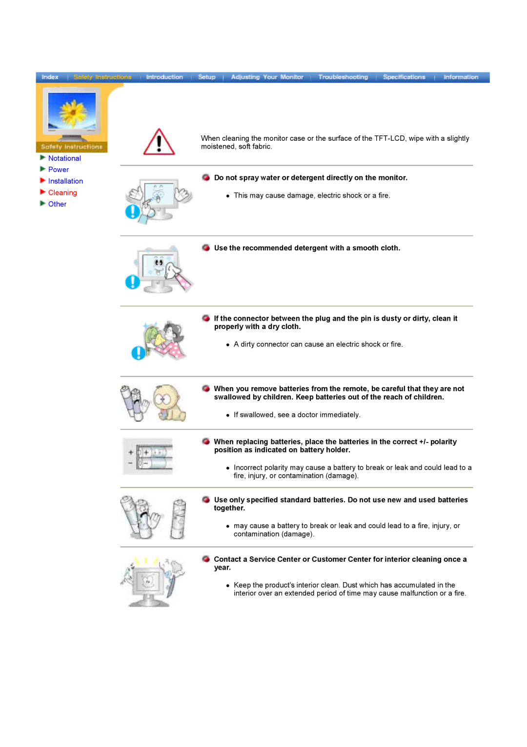 Samsung LS17MHASSZ/EDC, MH15ASSS/EDC, MH17ASSS/EDC manual Cleaning, Do not spray water or detergent directly on the monitor 