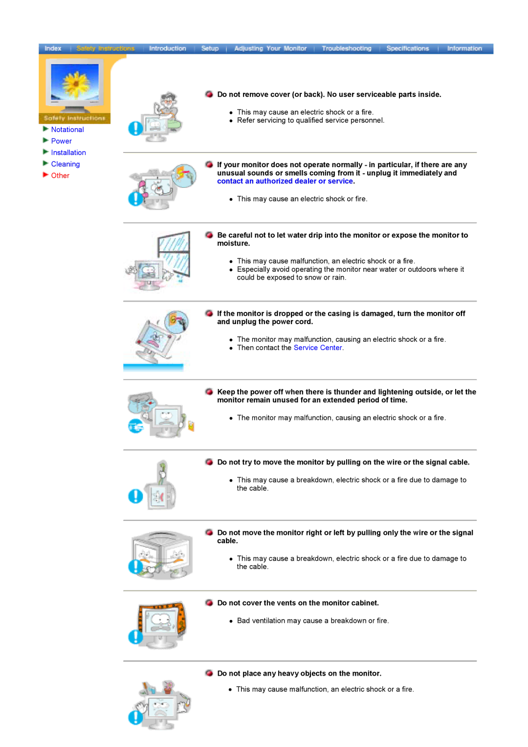 Samsung MH17ASSS/EDC Other, Do not cover the vents on the monitor cabinet, Do not place any heavy objects on the monitor 