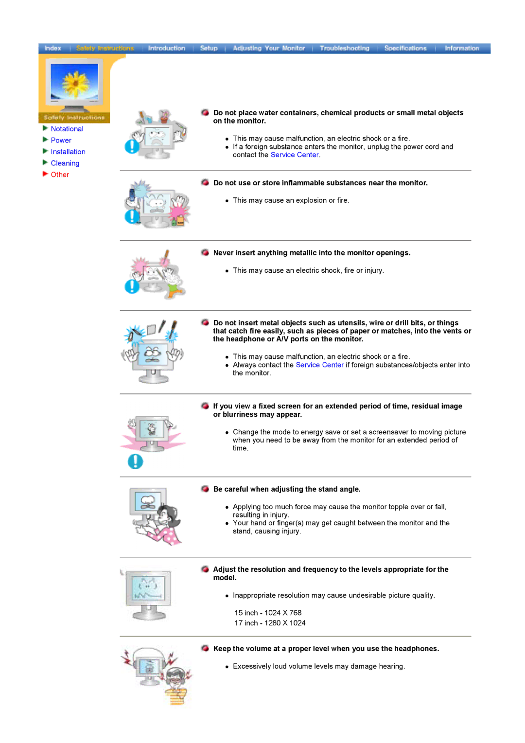 Samsung MH15ASSSY/EDC, MH15ASSS/EDC, LS17MHASSZ/EDC manual Do not use or store inflammable substances near the monitor 