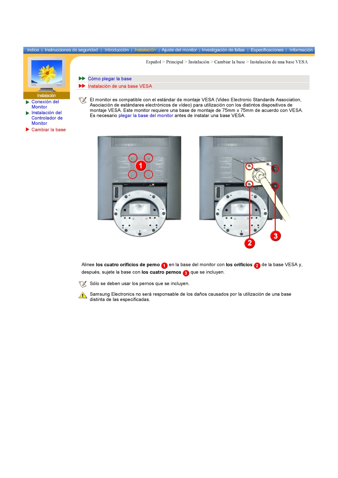 Samsung MH17ASSS/EDC, MH15ASSS/EDC, LS17MHASSZ/EDC manual Instalación de una base Vesa 