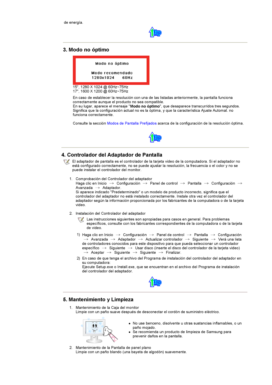 Samsung LS17MHASSZ/EDC, MH15ASSS/EDC manual Modo no óptimo, Controlador del Adaptador de Pantalla, Mantenimiento y Limpieza 