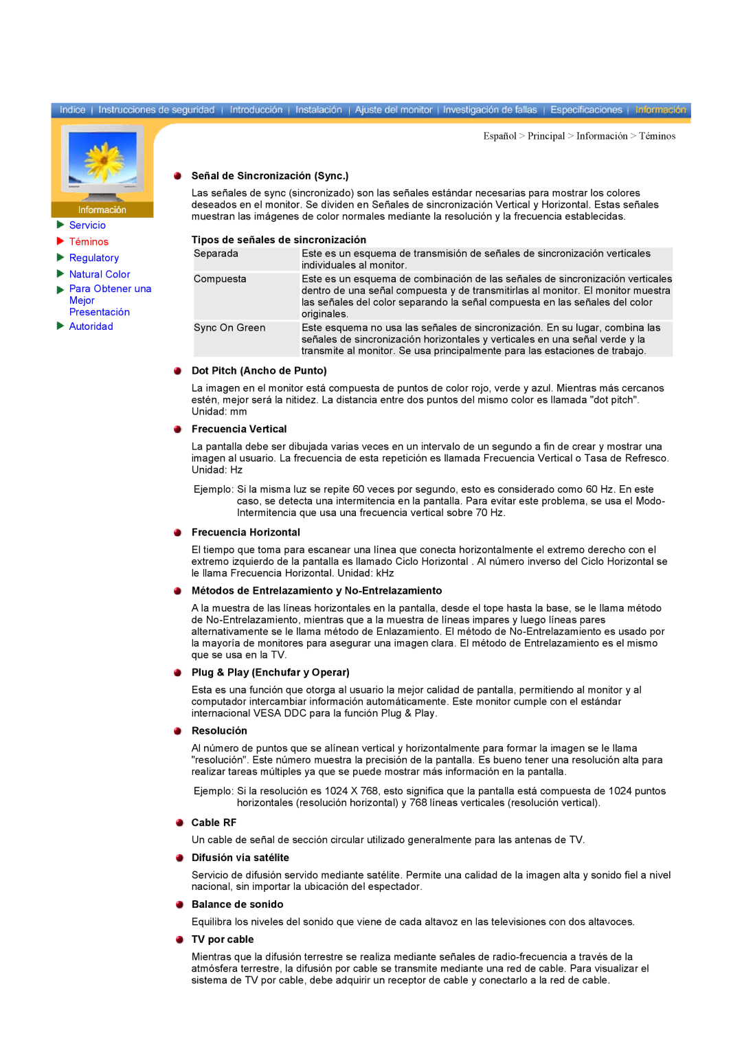 Samsung MH17ASSS/EDC Señal de Sincronización Sync, Tipos de señales de sincronización, Dot Pitch Ancho de Punto, Cable RF 