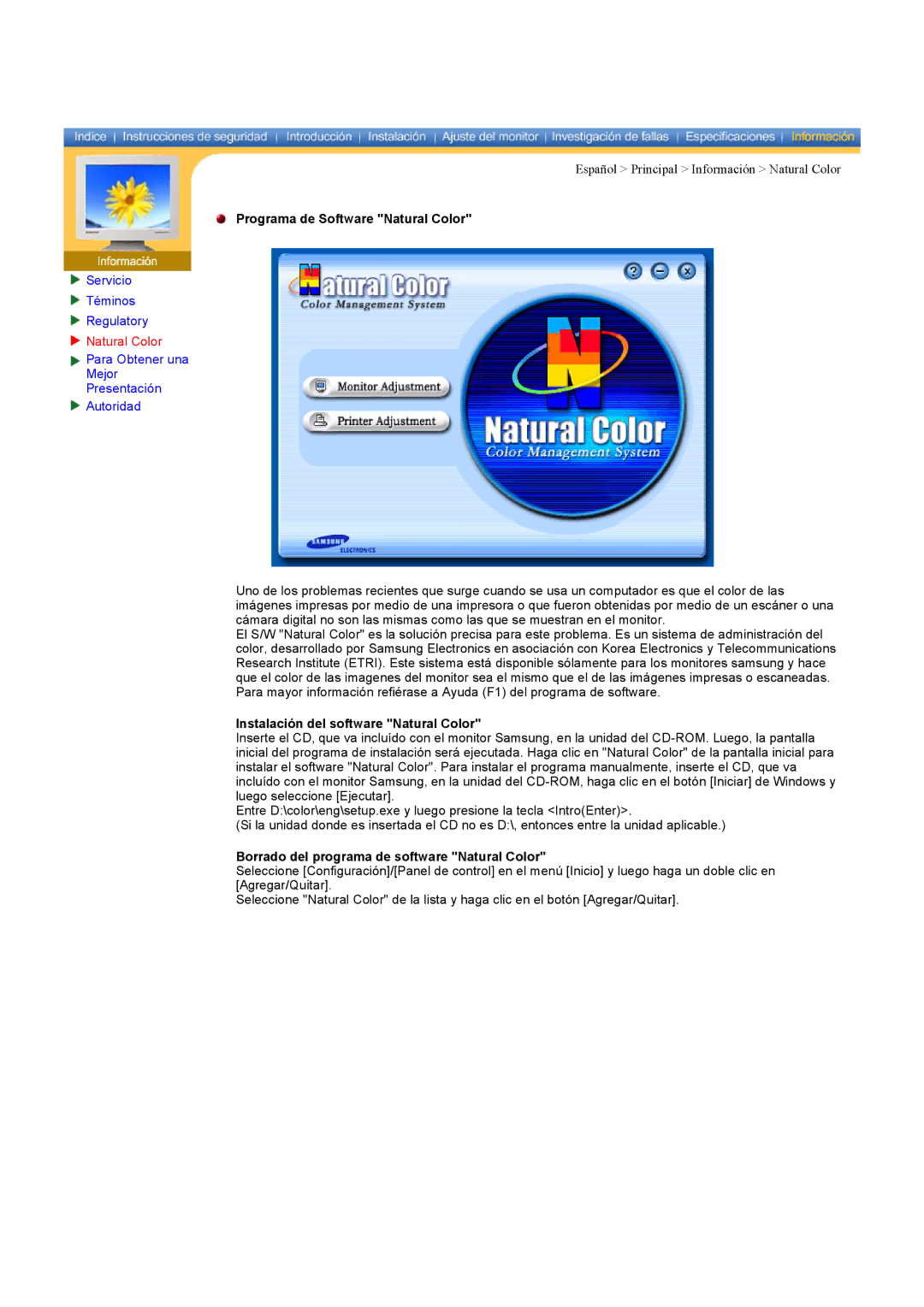 Samsung MH17ASSS/EDC, MH15ASSS/EDC manual Programa de Software Natural Color, Instalación del software Natural Color 