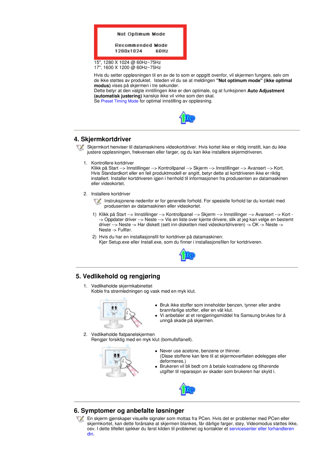 Samsung MH17ASSS/EDC, MH15ASSS/EDC manual Skjermkortdriver, Vedlikehold og rengjøring, Symptomer og anbefalte løsninger 