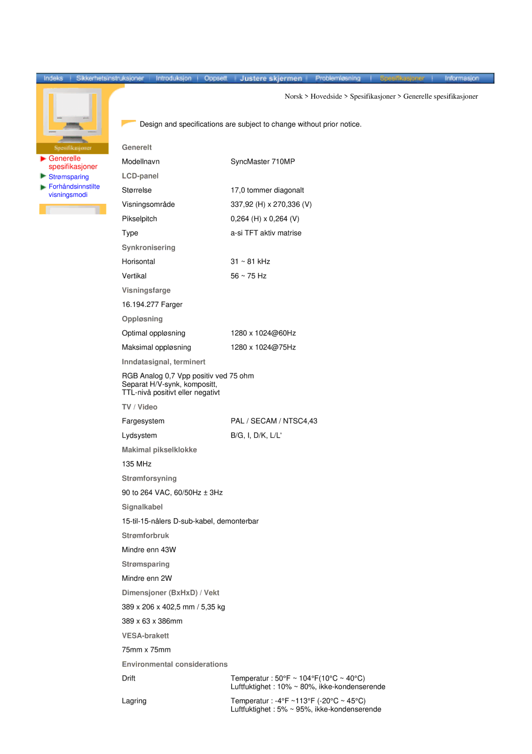 Samsung MH17ASSS/EDC, MH15ASSS/EDC, LS17MHASSZ/EDC manual Modellnavn SyncMaster 710MP 