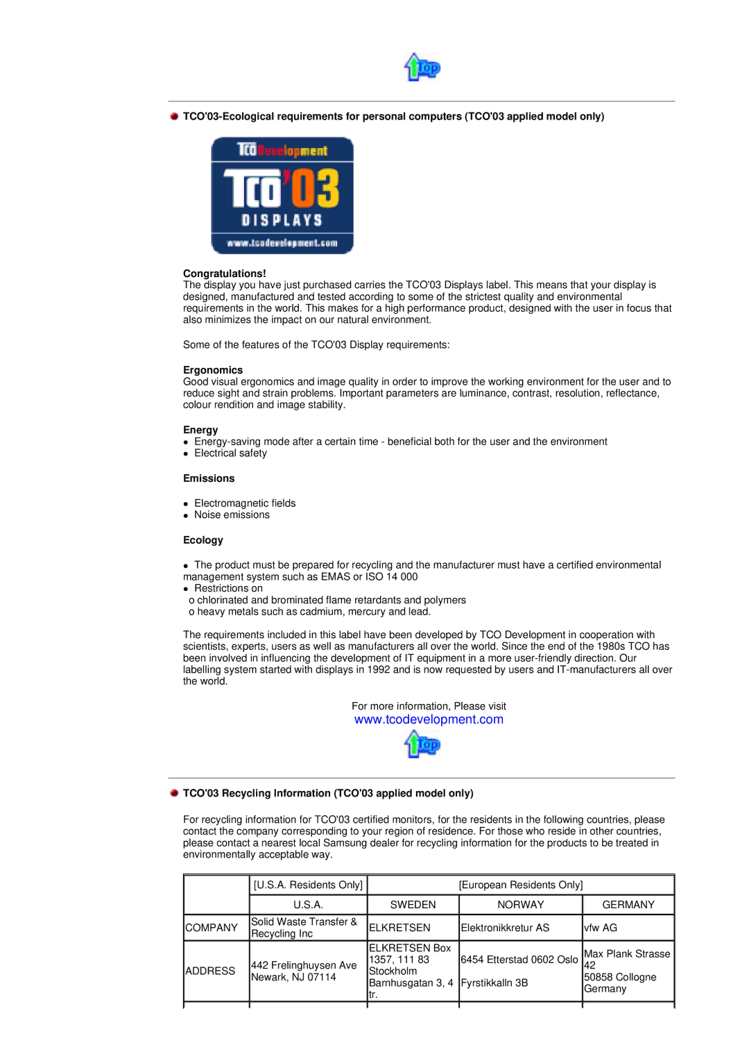 Samsung LS17MHASSZ/EDC manual Ergonomics, Energy, Emissions, Ecology, TCO03 Recycling Information TCO03 applied model only 