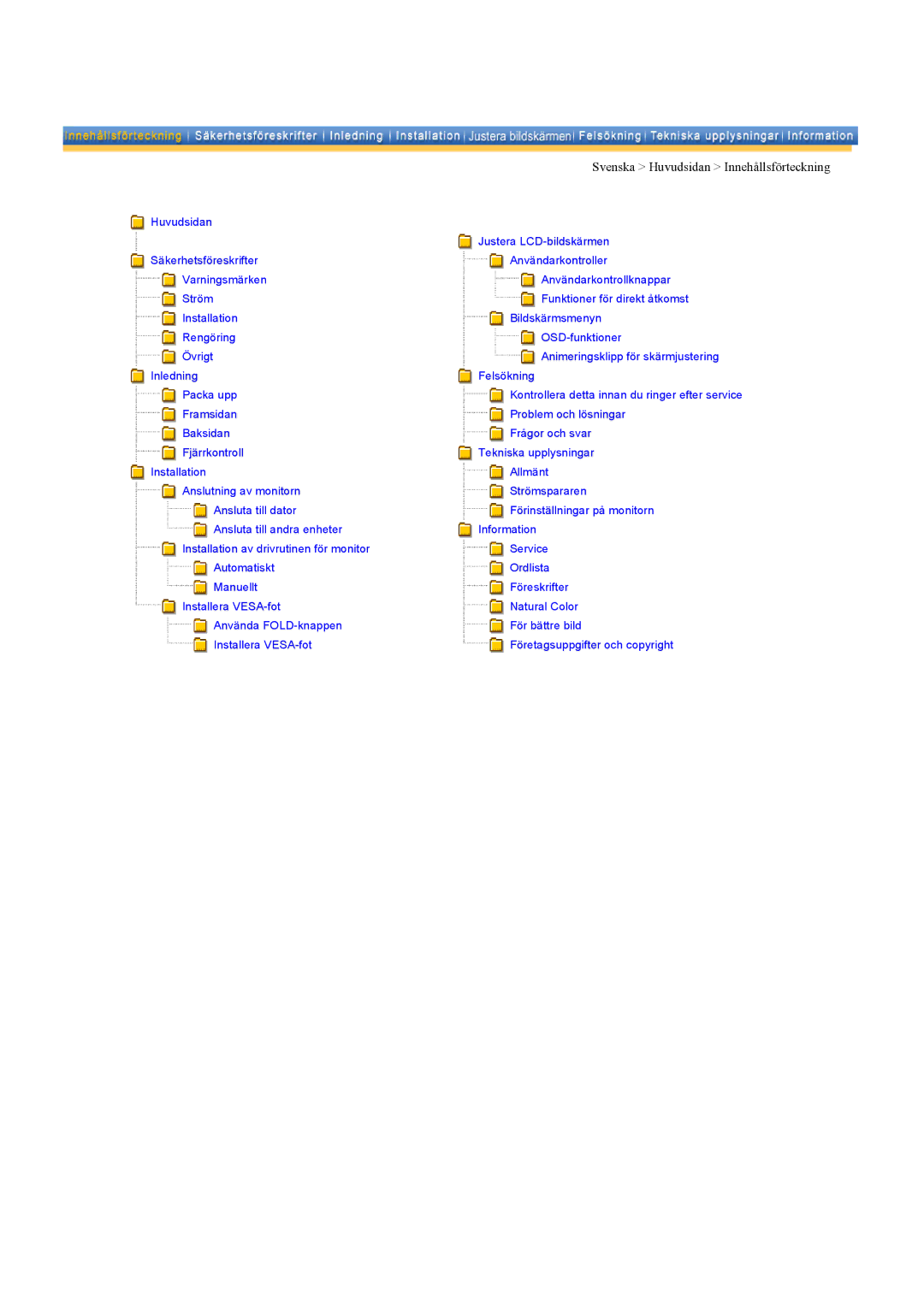 Samsung LS17MHASSZ/EDC, MH15ASSS/EDC, MH17ASSS/EDC manual Svenska Huvudsidan Innehållsförteckning 