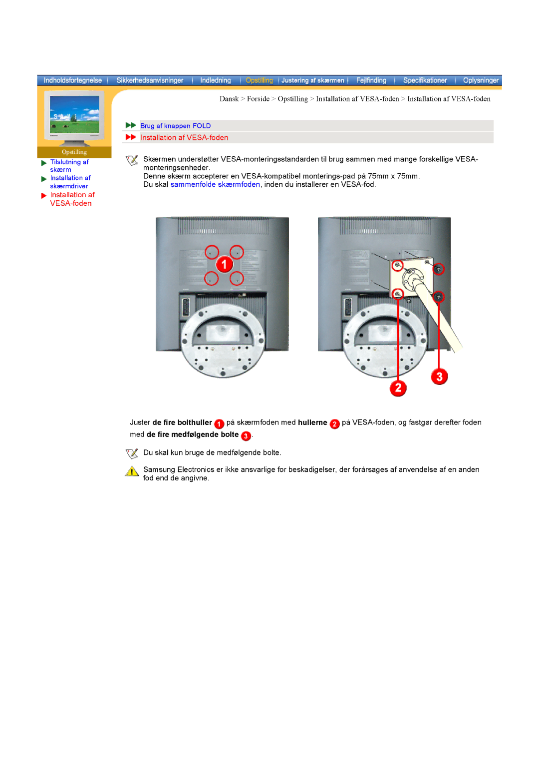 Samsung LS17MHASSZ/EDC, MH15ASSS/EDC, MH17ASSS/EDC manual Med de fire medfølgende bolte 